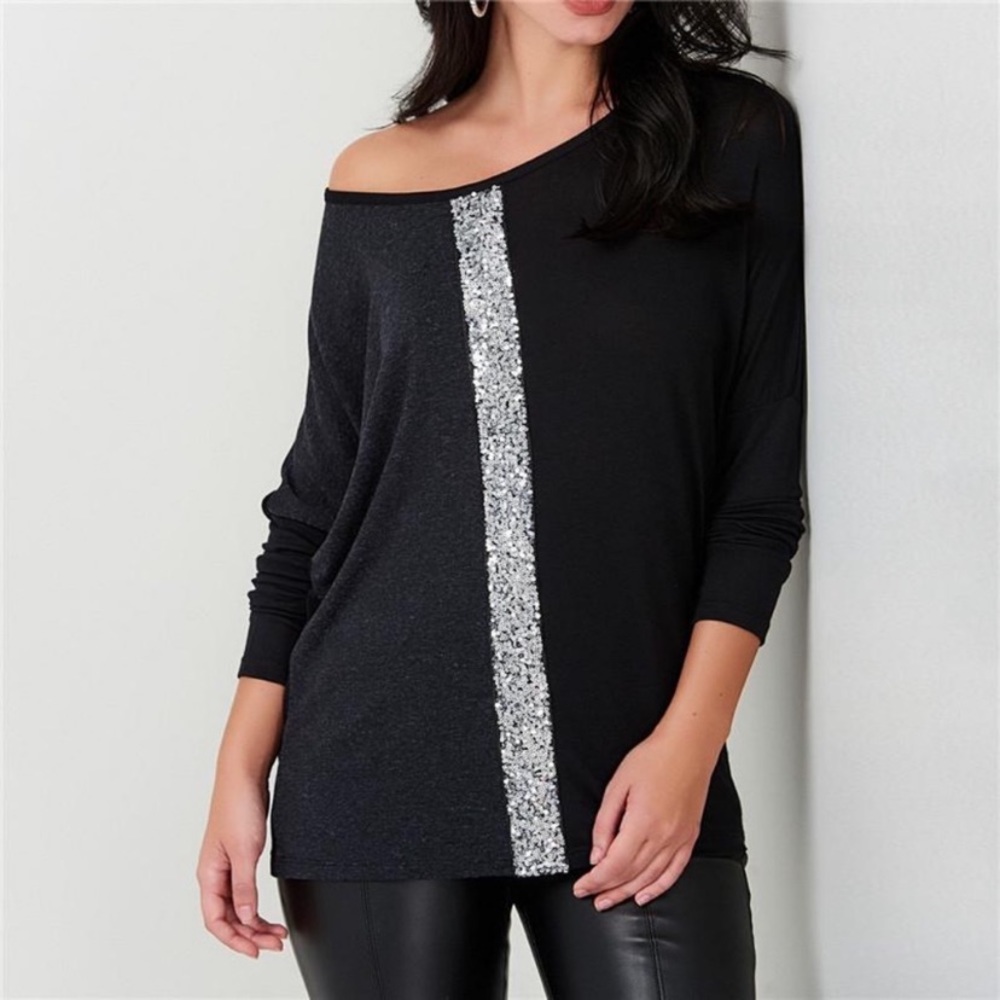 💐New Off Shoulder Sequin Design Long Sleeve Blouse